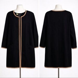 Talbots 16W Black Basketweave Textured Long Jacket w/ Tan Piping